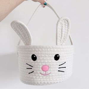 White Easter Bunny Rabbit Basket Coiled Rope Spring.Cute Animal Nursery Children